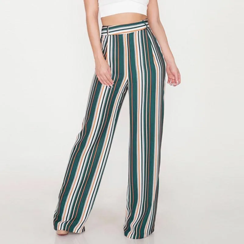 

Womens Summer High Waist Striped Wide Leg Long Pants OL Ladies Skinny Trousers