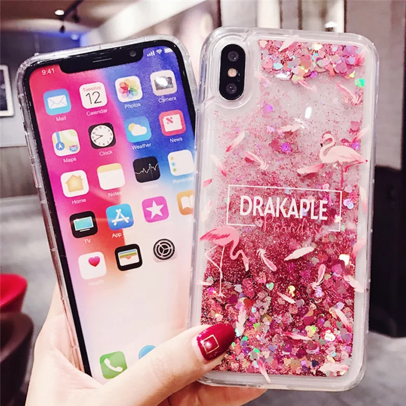 Lovebay الرمال المتحركة حقيبة لهاتف أي فون X 7 8 فلامنغو الهاتف خزائن هاتف آيفون 6 6 s زائد XR XS ماكس بلينغ الديناميكي الحب قلوب الغطاء الخلفي