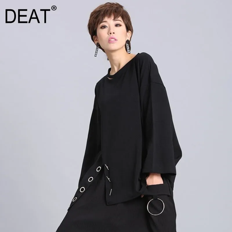 

[DEAT] 2019 New Autumn Winter Round Neck Long Sleeve Black Hem Vent Hollow Out Stitch Big Size T-shirt Women Fashion Tide JO10