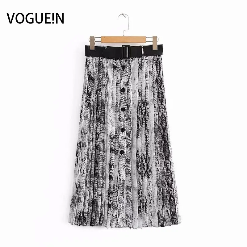 

VOGUEIN New Womens Sexy Animal Snake Pattern Print With Belt Midi Pleated Skirt Wholesale