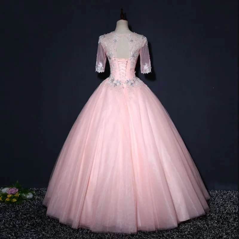 Новые розовые платья Quinceanera мяч халат с рукавами до локтя Сладкий 16 платья светится в течение 15 лет Дешевые Длинные платье для выпускного вечера и фуршетов великолепные