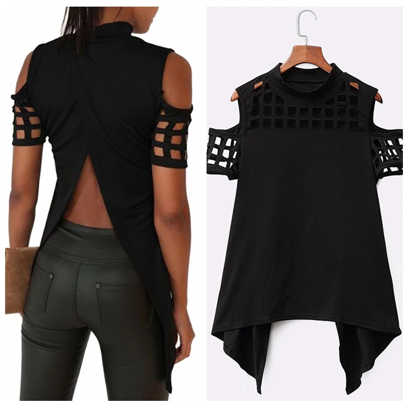 

2019 Women Fashion Short Sleeve Cold Shoulder Slit Hem Back Shirts Asymmetry Hem Cut Out Hollow Solid Tunic Tops Blusas Female