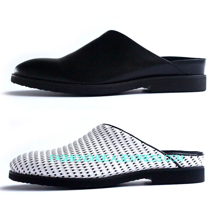 

Full Grain Leather Handmade White Black Half Slippers Summer Fall Driving Loafers for men