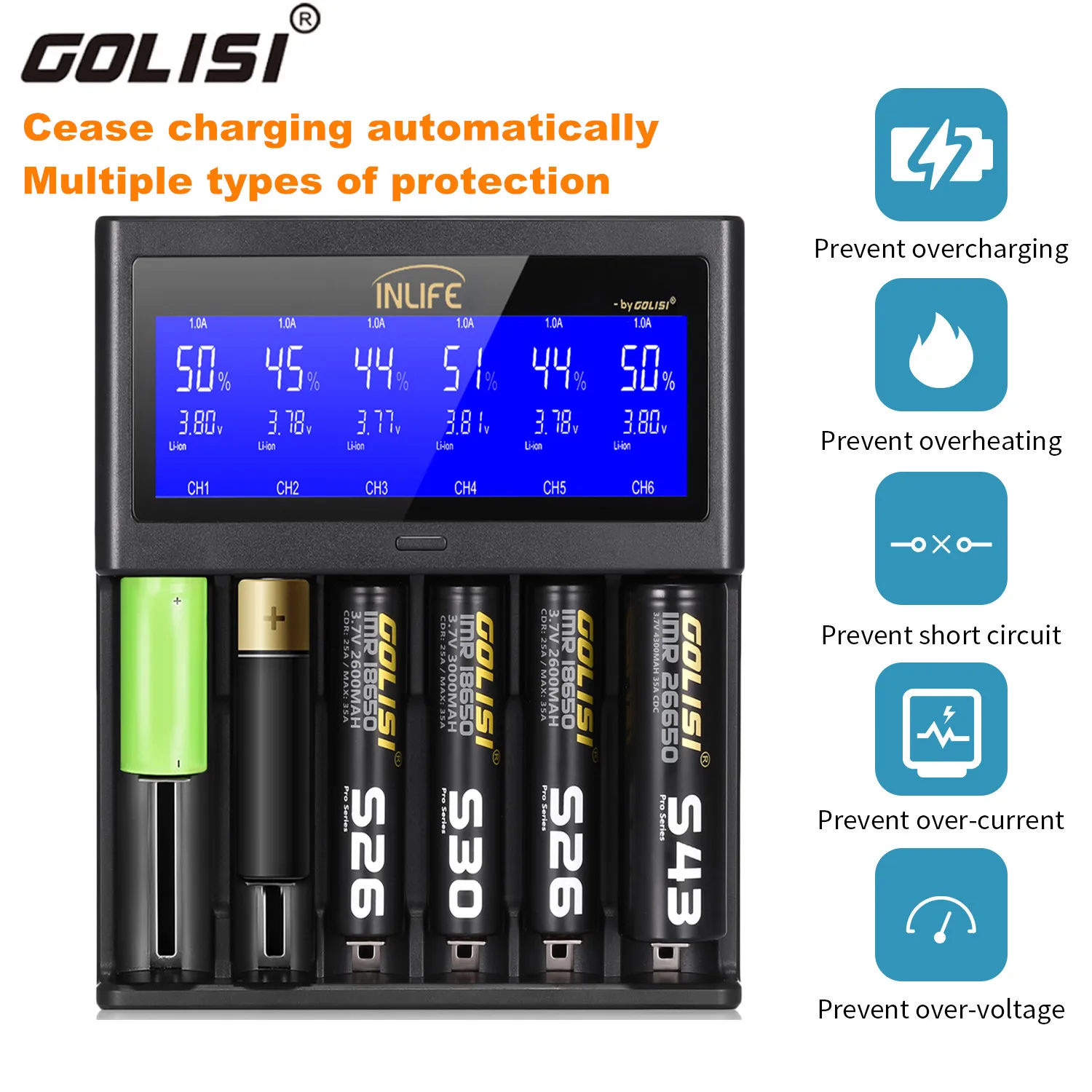 

Golisi Inlife S6 2A 1A 0.5A Smart Battery Charger LCD Rechargeable Lithium-ion / NiMH / NiCd