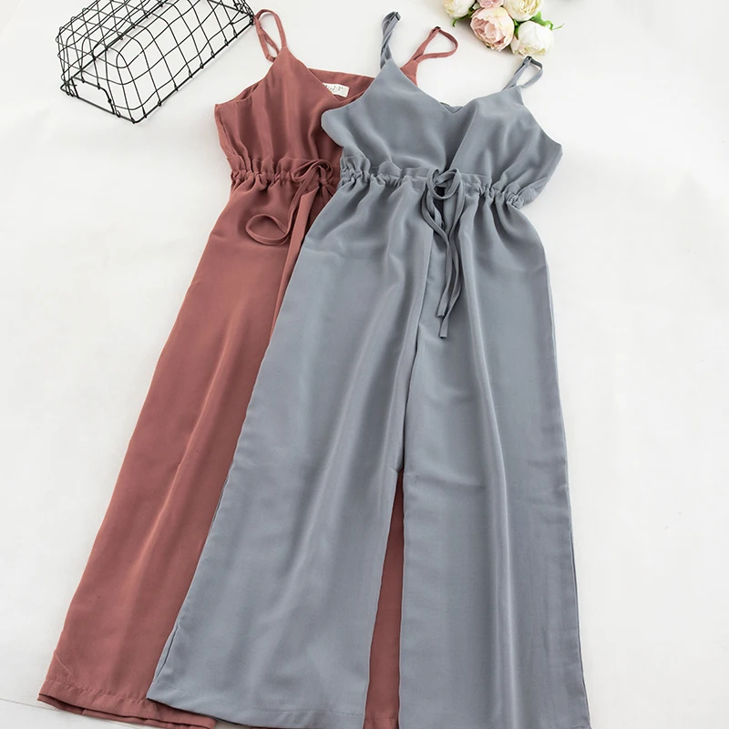 

Camisole Chiffon Jumpsuit Women Solid Casual Vest Drastring Wide Leg Pants Camis Overall Women Elegant Blue Playsuit