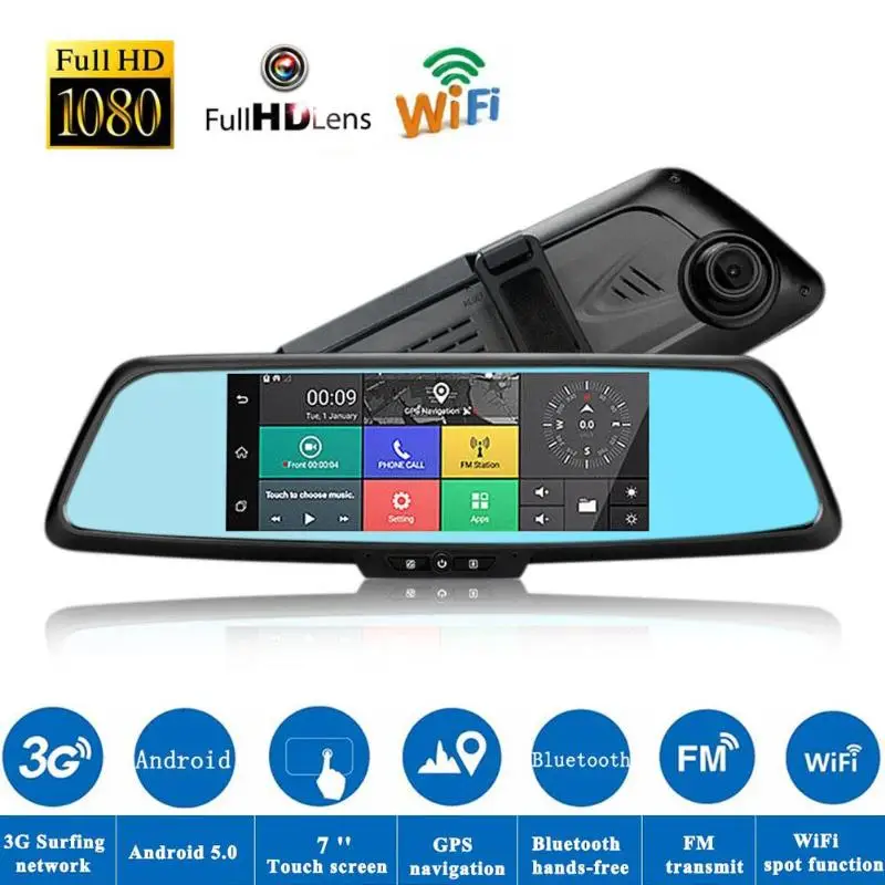 

7in IPS Bluetooth Dual Lens 3G Android Rearview Mirror Car DVR Camera GPS Android 5.0 OS RAM 1GB + ROM 16GB Car media player