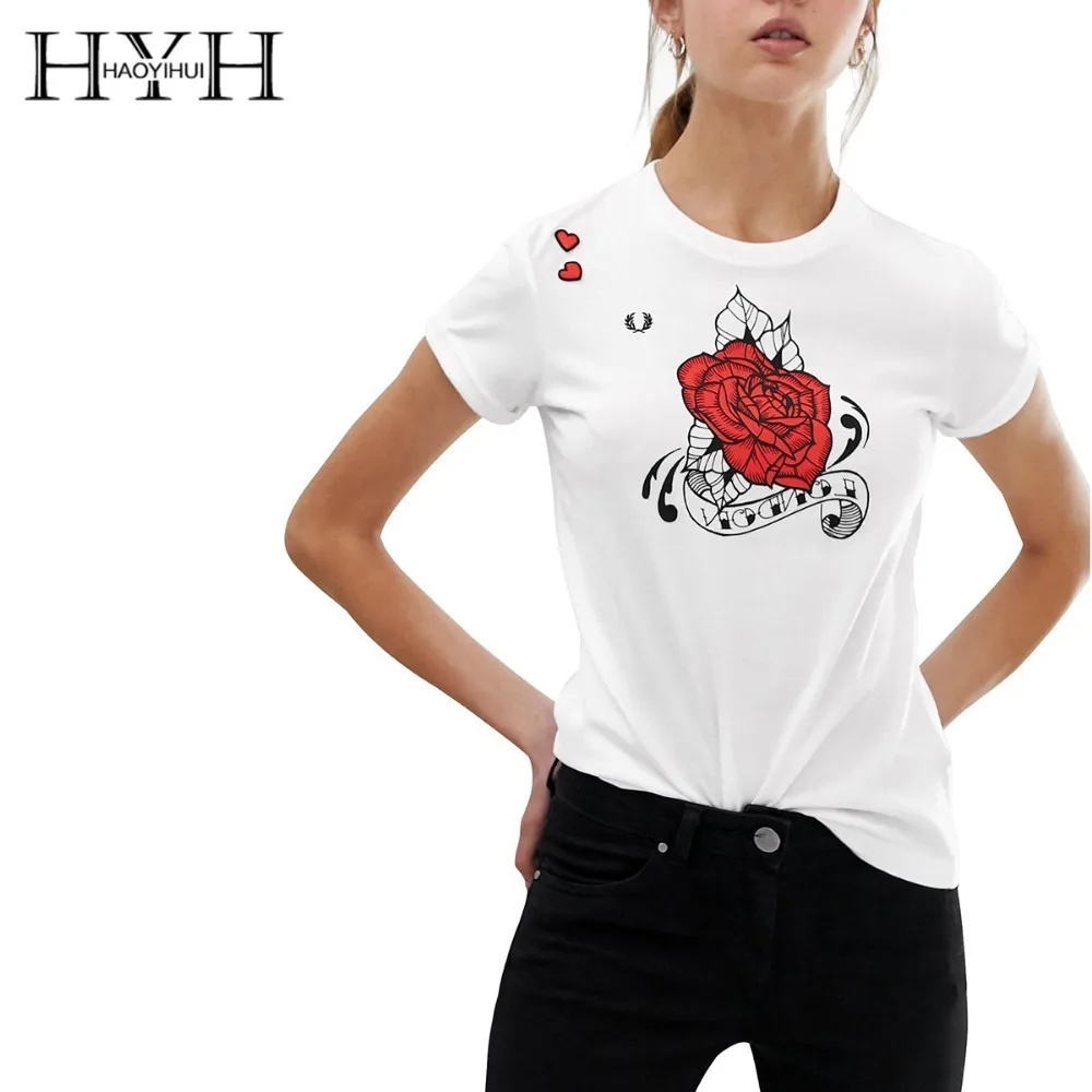 

HYH Haoyihui Short Sleeve Tshirts Flower Printing Round Collar White Tops Free Shipping New Summer Short Sleeve T-shirt