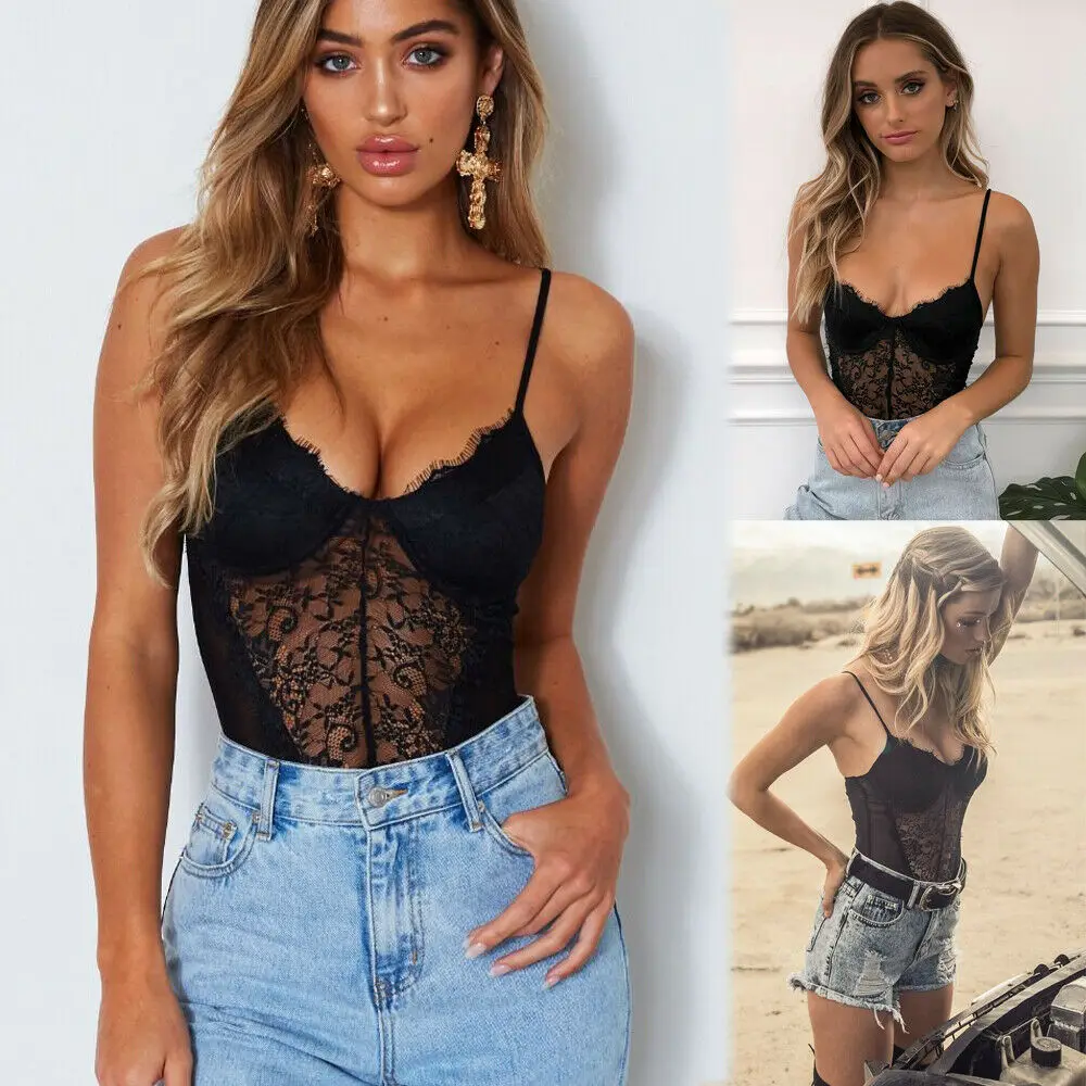 

Women Summer Sexy Sleeveless V-Neck Lace Stretch Leotard Top Ladies Bodycon Black Bodysuit Romper