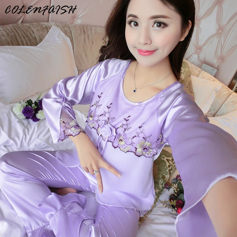 Всесезонная Шелковая пижама с длинным рукавом, Женский костюм для отдыха, шелковая пижама комплекты, атласная пижама, одежда для сна, пижамы