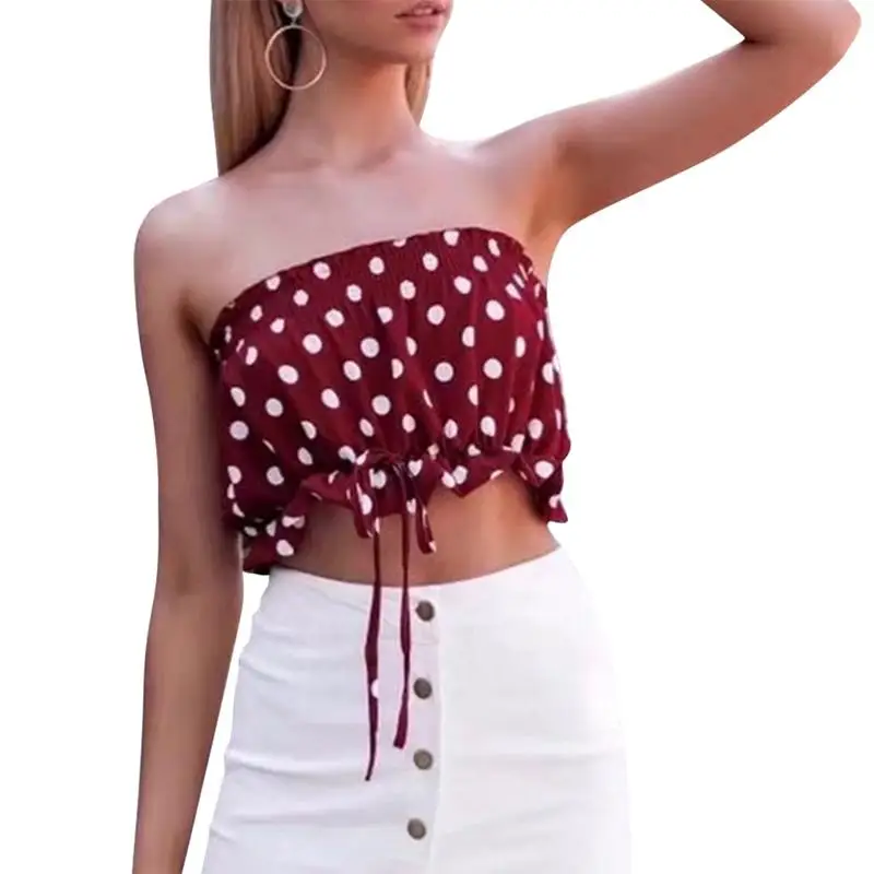 

2019 Summer Bohemian Sexy Short Tube Tops Dot Printed Drawstring Sleeveless Blouse Casual Vacation Beach Party Female Vests Red
