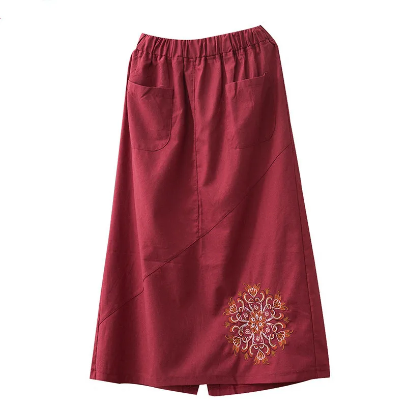 Faldas весна лето женские юбки женские винтажные юбки с цветочной вышивкой средняя талия хлопчатобумажная льняная юбка