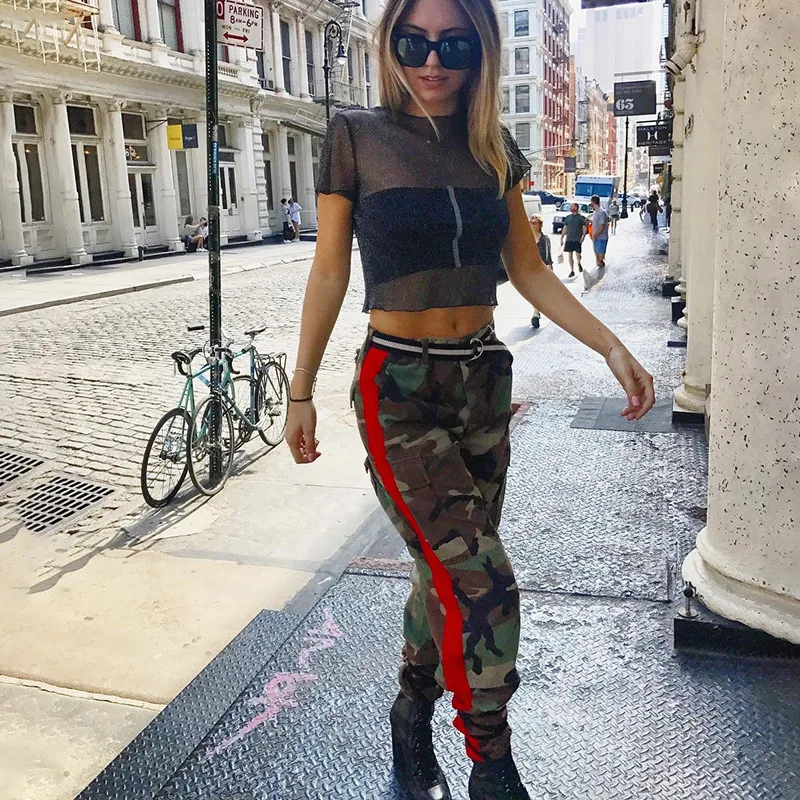 

HOUZHOU Fashion Patchwork High Waist Camouflage Pants Female 2019 Streetwear Joggers Women Full Length Loose Harem Trousers