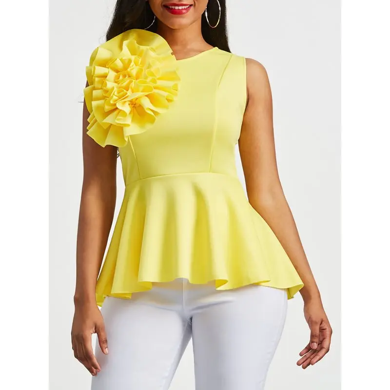 

Summer Blouse Women New 3D Flower Design Party Ruffle Hem Elegant Slim Fashion Street Yellow Ladies Tops Casual Sexy Blouses