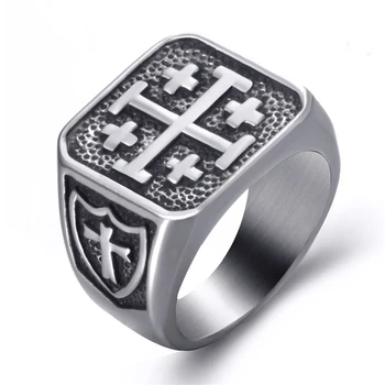 

Men Stainless Steel Rings Crusader Jerusalem Cross Religion Vintage Jewelry