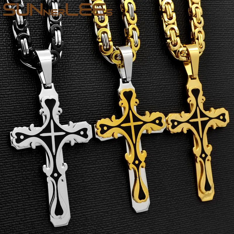 

SUNNERLEES 316L Stainless Steel Jesus Christ Cross Pendant Necklace Byzantine Link Chain Silver Gold Black Men Boys Gift SP244