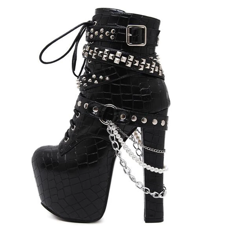 Ботинки на меху осенние модные ботильоны на высоком каблуке женские каблуки с шипами зимние ботинки обувь на платформе ботинки в стиле панк на толстом каблуке LJA95
