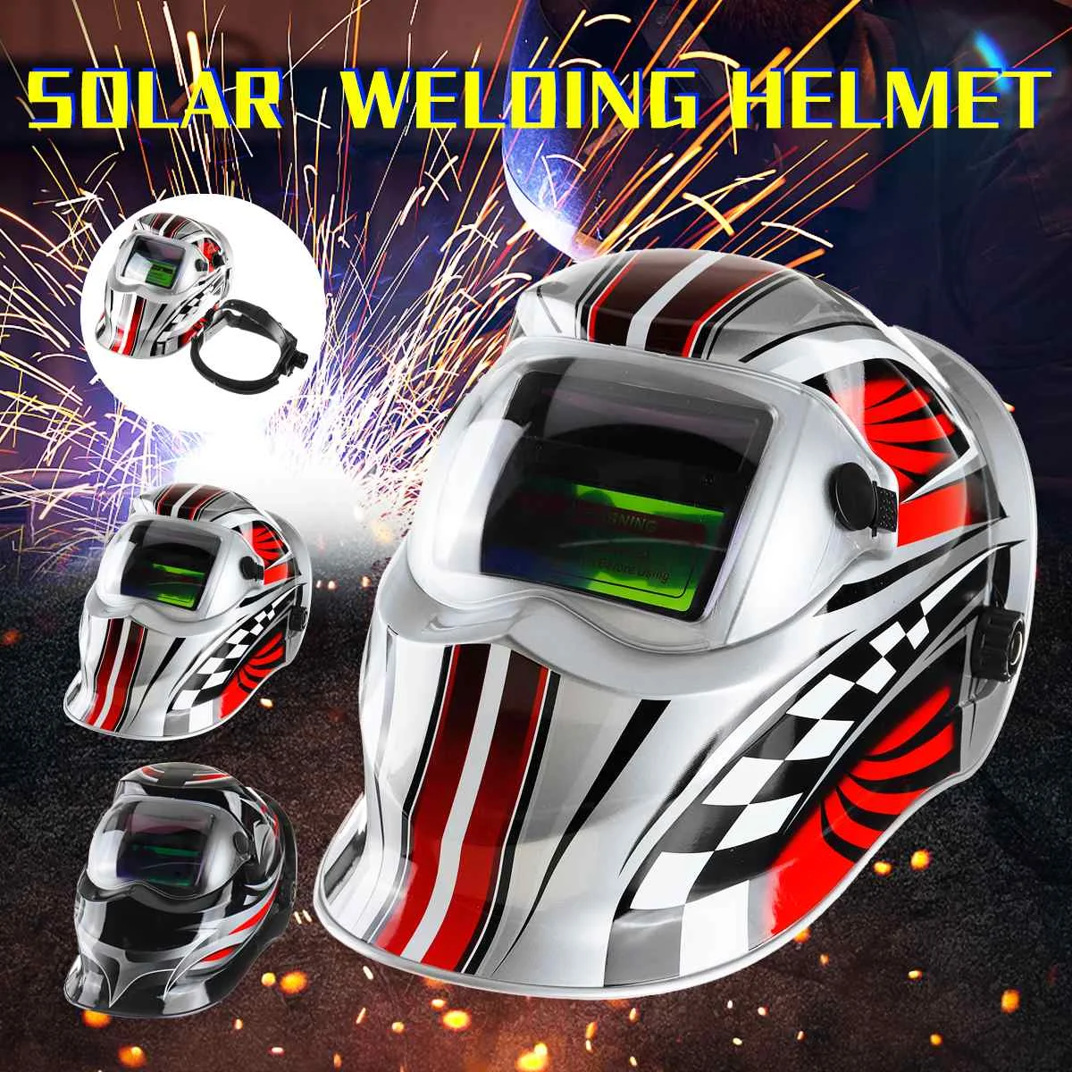 

Adjustable Solar Auto Darkening Welding Helmet Mask ARC TIG MIG Silver And Black Adjustable Headband