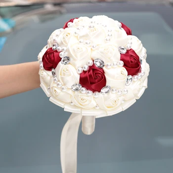 

18cm Artificial Satin Rose Pearls Rhinestones Bridal Bouquet Ivory White + Red Wedding Flower Bridal Bouquet Wedding Supplies