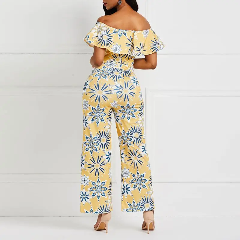 Summer Off Shoulder Casual Long Jumpsuit Women Sexy Backless Ruffle Boho Floral Print African Ladies Holiday Wide Leg Jumpsuits Summer Off Shoulder Casual Long Jumpsuit Women Sexy Backless Ruffle Boho Floral Print African Ladies Holiday Wide Leg Jumpsuits