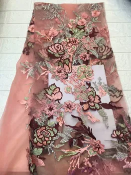 

Hot sale 3D lace fabric 2019 high quality mesh embroidery stones pearls applique 3D flowers french tulle African lace fabric