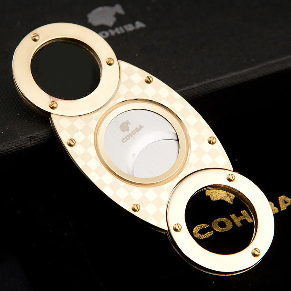 

COHIBA Double Blades Stainless Steel Plaid Cigarette Cigar Cutter Pocket Gadget Zigarre Smoking Accessories Guillotine 356FL