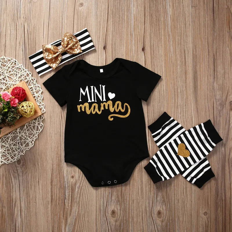 Новая брендовая одежда из 3 предметов для новорожденных девочек, боди с надписью «Mini Mama» из хлопка+ леггинсы+ повязка на голову для детей 0-24 месяцев