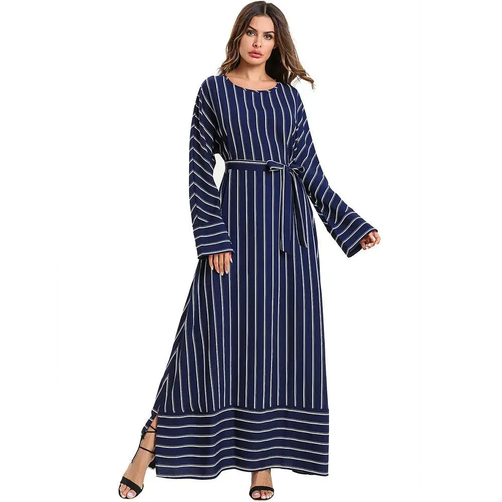 

Abaya Women Loose Stripe Long Sleeve Maxi Dress Muslim Kaftan Robe Party Cocktail Arab O-neck With Belt Islamic Gown Ramadan New