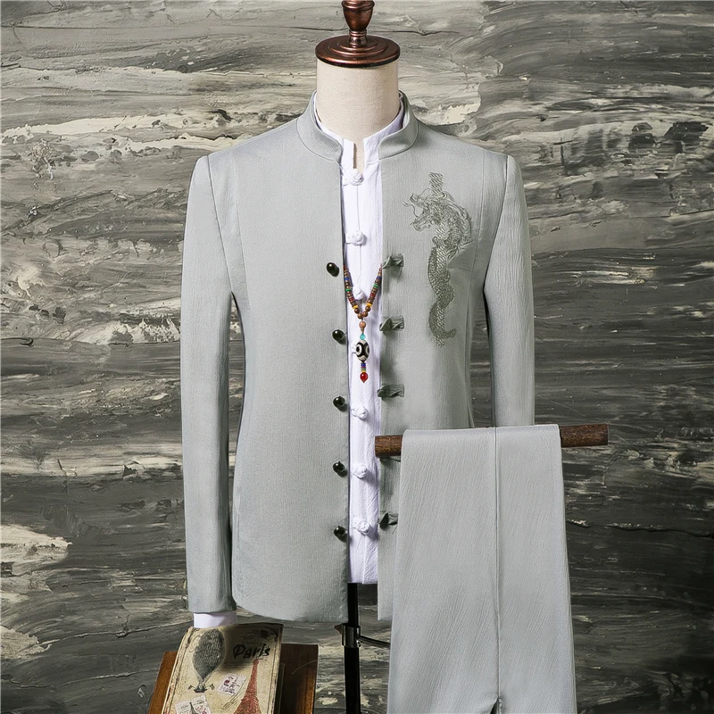 Autumn New Mens Suit 2 Piece Set ( suit Jacket and Pants ) Chinese Style Embroidery men Blazer Coat and Trousers Men S-4XL