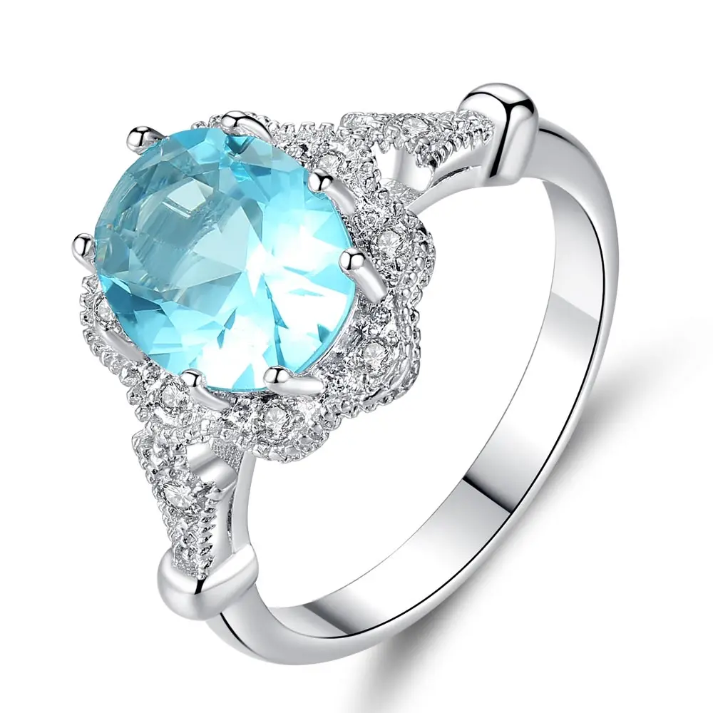 

Big Rings For Women Crystal Silver Blue Oval Ring Jewelry