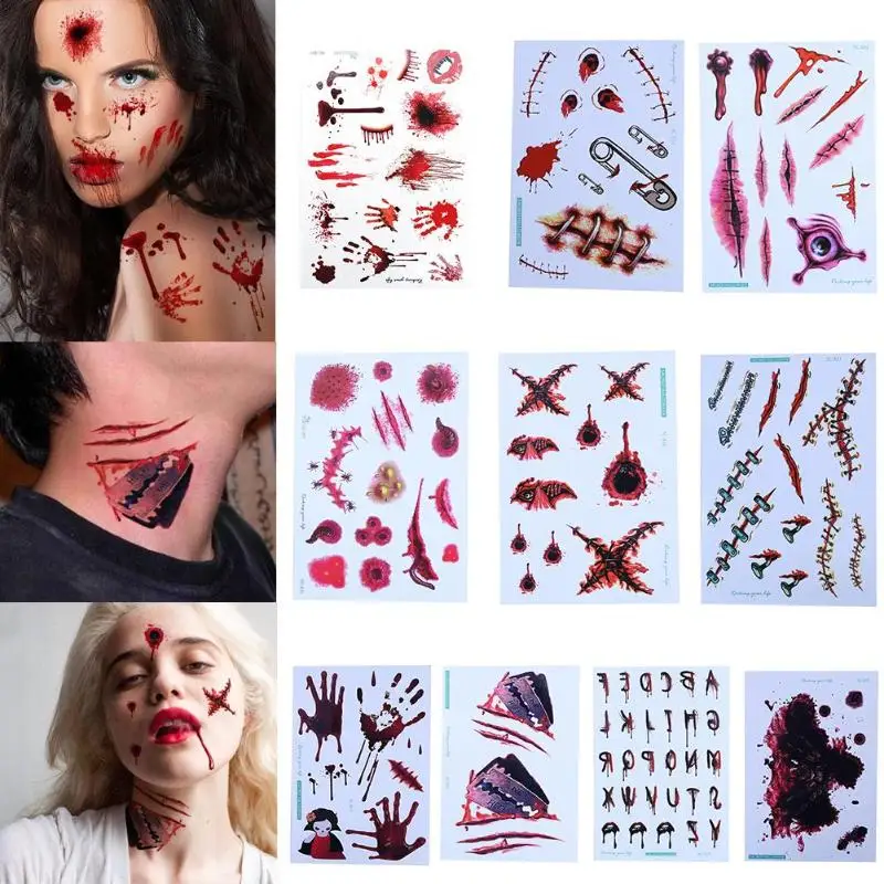 Хэллоуин шрамы татуировки Поддельные крови ужас страшный костюм макияжный стикер