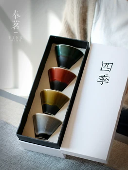 

Chinese style four seasons Kung Fu teapot gift box hand painted master tea cup single ceramic cup Japanese teaware tea bowl 4pcs