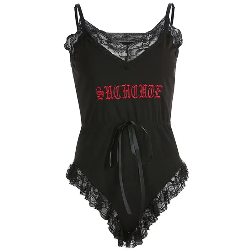 

Lace Strap Rompers Bodysuit Women Letter Lace Up Gothic Trendy Sexy Deep V Club Wear Girl Summer Black Casual Overall Bodysuits