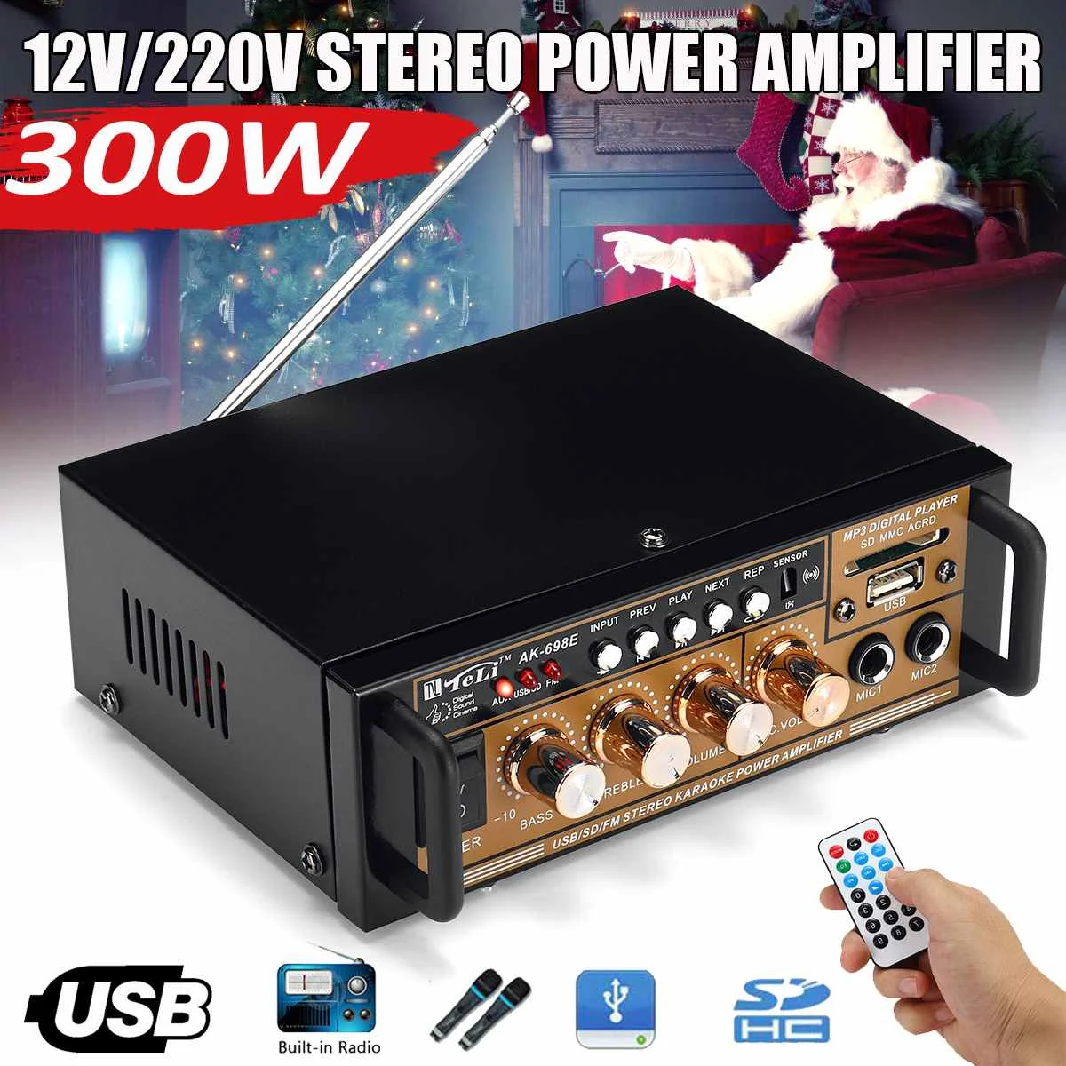 300W 12V/ 220V Mini HIFI Car Audio Amplificador Stereo Power Home Theater Audio Amplifier FM Radio USB/TF/SD 2CH LCD Display