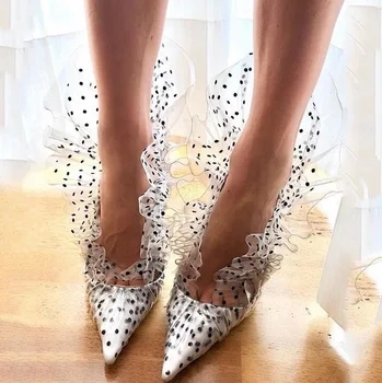 

New Arrivals Black White Polka Dot Wedding Shoes Bride Pointed Toe Mesh PVC Film Pumps Women Shoes Luxury Banquet Shoes