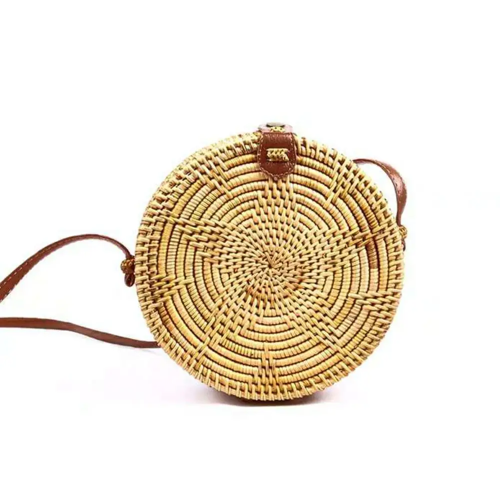 

Women Retro Round Rattan Woven Hand Bag Shoulder Messenger Bags Straw Basket Style Bag For Travel Vacation Beach Summer Handbag