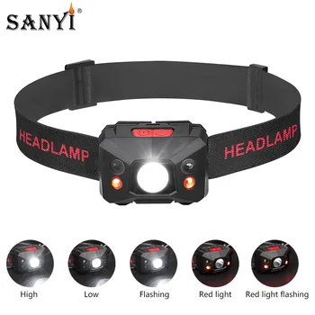 

Sanyi Mini LED Motion Sensor Headlamp USB Rechargeable 18650 Headlight IPX4 Head Torch 5-Mode White+Red Cycling Fishing Lighting