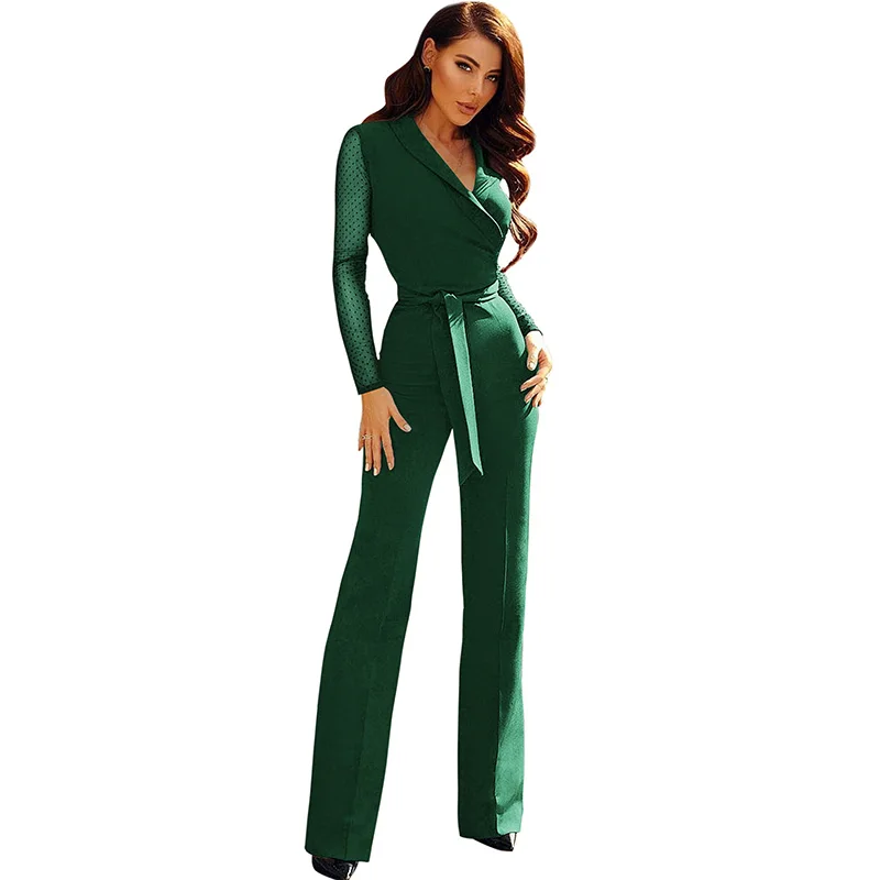 

Women Jumpsuit Sheer Mesh Dots Sleeve Overalls For Women V Neck High Waist Tied Bow Straight Leg Elegant Rompers Womens Jumpsuit