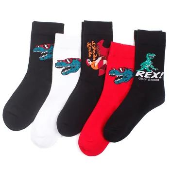 

Harajuku Style Funny Patterned Socks Men Hipster Fire Dinosaur Print Short Art Socks Motion Red Black Happy Socks Skarpetki
