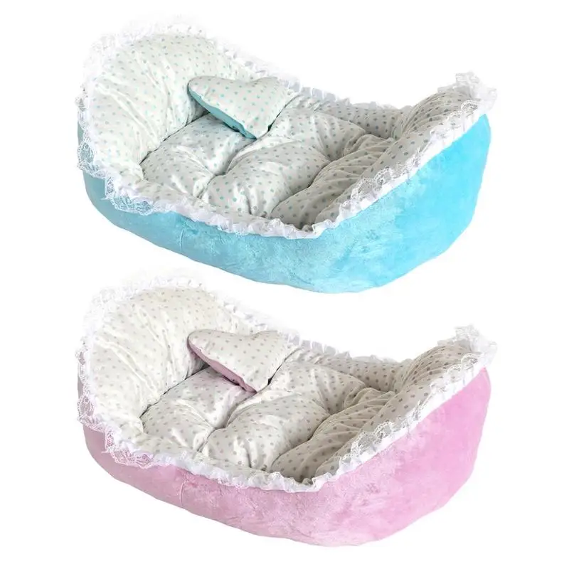 Best Cute Polka Dot Ingot Shaped Soft Coral Velvet Lace Pets Bed Winter Warm Cat Nest Dog Puppy Kennel Pet Sofa Sleeping Bag House