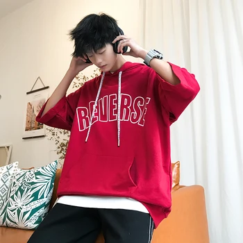 

2019 spring and summer new Korean version of the tide male loose comfortable fashion Harajukucotton letter hooded casual T-shirt