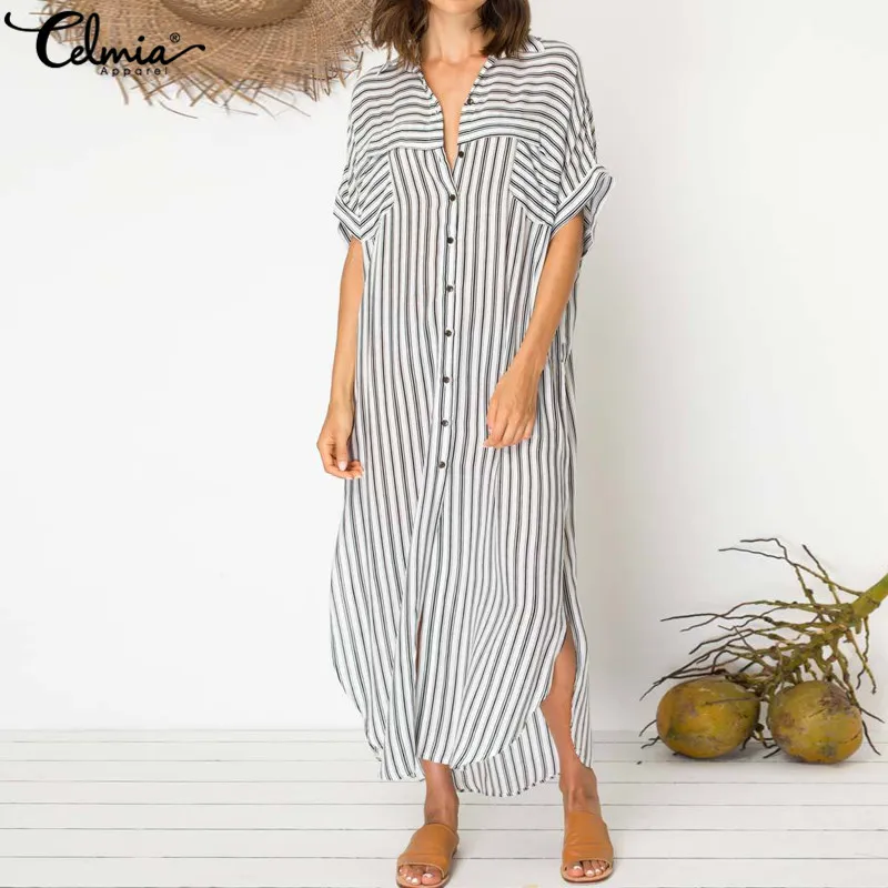 

2019 Summer Sundress Celmia Oversized Women Striped Long Shirt Dress Casual Buttons Up Split Party Maxi Vestidos Kaftan Feminino