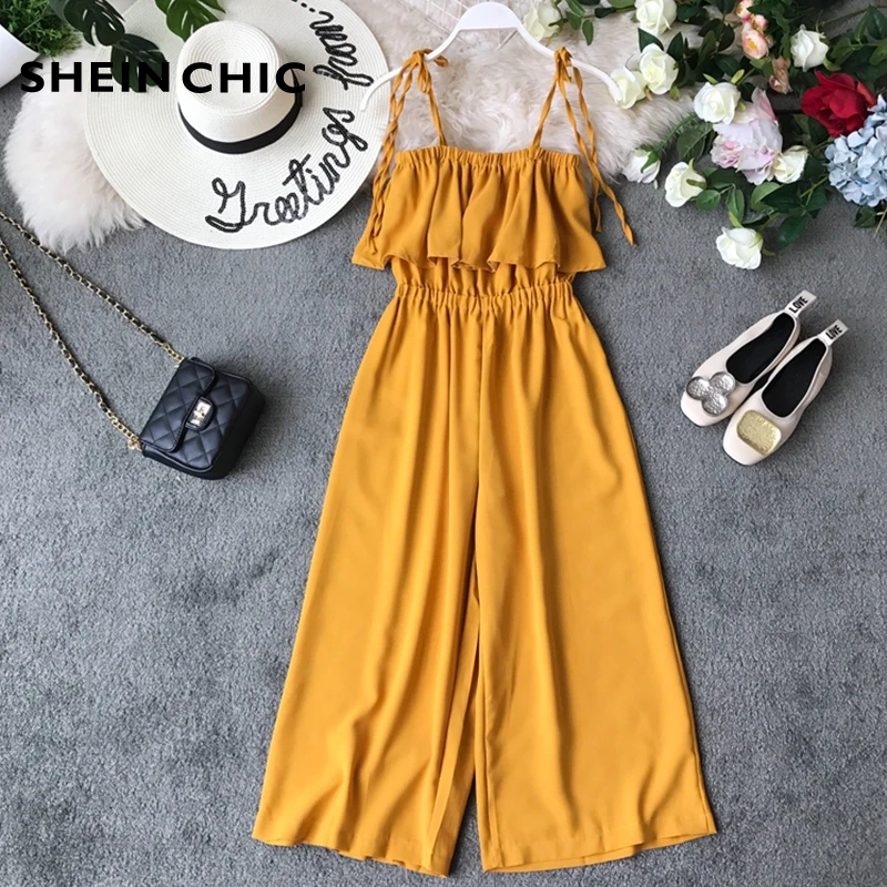 

2019 Women Runway Summer Rompers Casual Yellow Black Ankle Length Ruffles Jumpsuits Elegant Spaghetti Strap Chiffon Jumpsuit