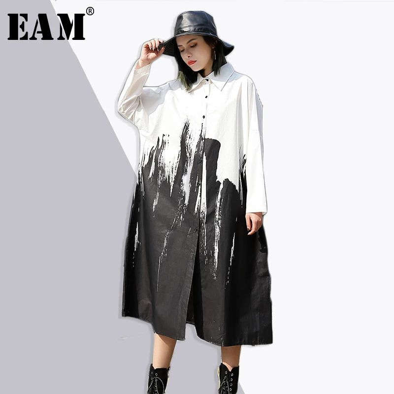 

[EAM] 2019 New Spring Lapel Long Sleeve Irregular Splash Ink Printed Loose Big Size Long Shirt Lady Blouse Fashion Tide JE41401