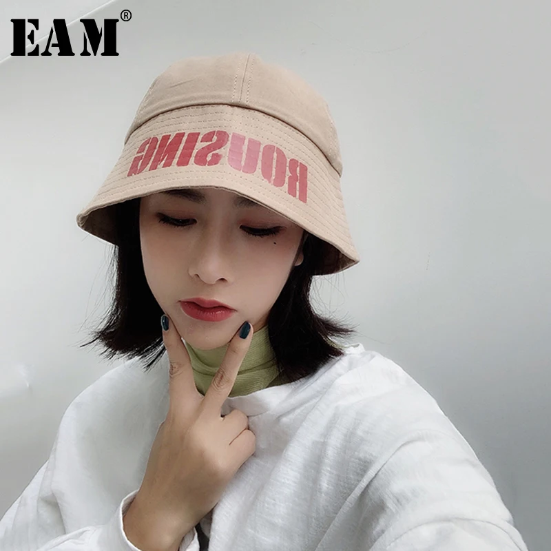 

[EAM] 2019 New Spring Summer Round Dome Temperament Letter Printed Black Fishermen Hat Women Fashion Tide All-match JS721
