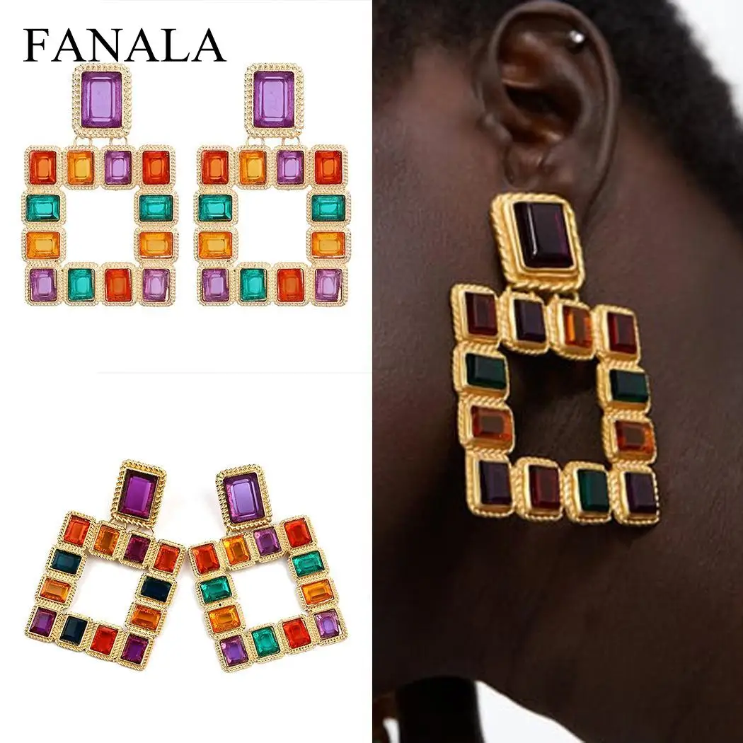 

2019 Vintage Europe Colorful Square Circle Drop Earrings Women Charm Boho Dangle Ear Stub Statement Trendy Jewelry Accessories