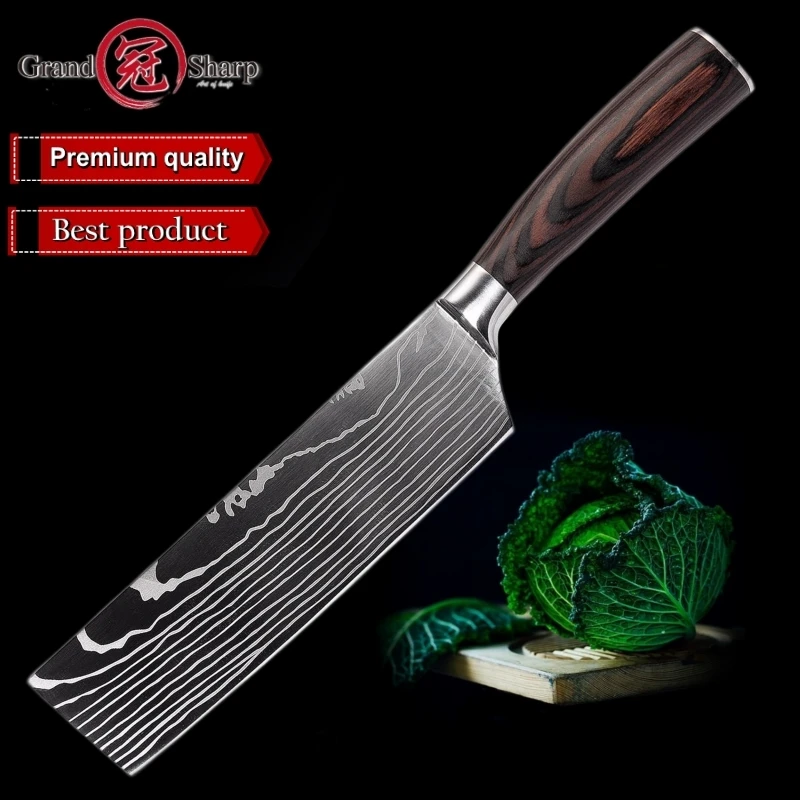 

Nakiri Knife Stainless Steel Damascus Laser Pattern Japanese Kitchen Cleaver Vegetables Cooking Tools Gift Credit Card Knife PRO