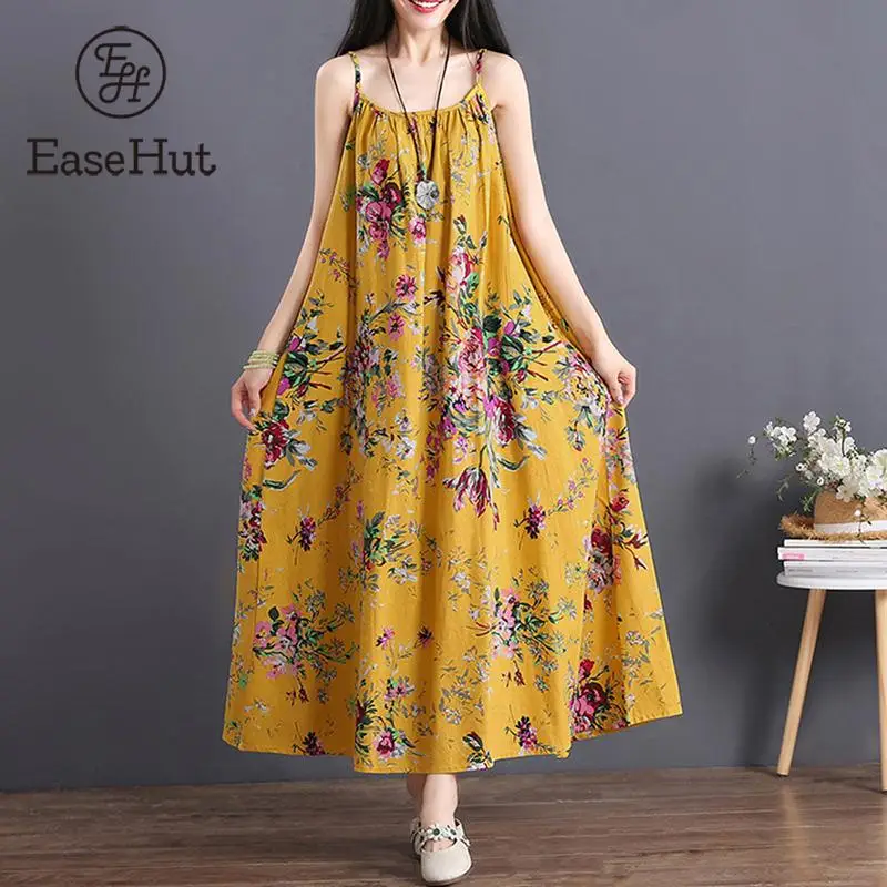 

EaseHut Floral Dress Sleeveless Spaghetti Strap Boho Dress Women Cotton Linen Loose Pockets Maxi Long Dress Robe Femme Vestidos