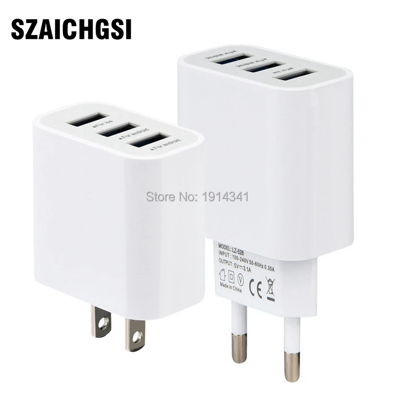 

SZAICHGSI wholesale 100pcs/lot Universal 5v 3.1A 3 Ports USB EU US plug Wall Charger Adapter for samsung mobile cell Phone