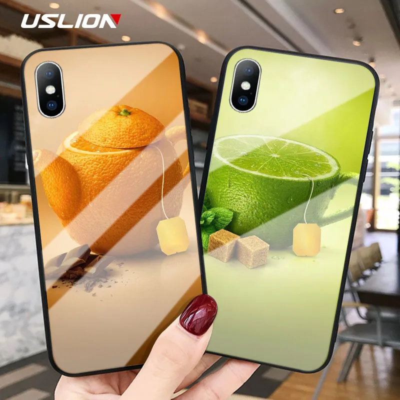 

USLION Tempered Glass Phone Case for iPhone X XR XS Max Funny Dragon Fruit Lemon Teapot Back Cover for iPhone 7 8 6 6S Plus Case