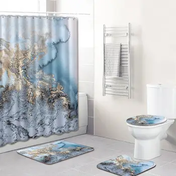 

Waterproof Marble Grain Printing Shower Curtain Water Absorption Nonslip Bathroom Toilet Cover Bath Mat Set